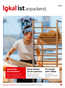 Titelseite des Lokalist-Magazins 1/2025 der Sparkasse Freiburg-Nördlicher Breisgau mit dem Titel 'lokalist anpackend' und dem Foto einer Bäckerin bei der Arbeit in der Backstube. Drei Themen: Unterstützung fürs Handwerk, Beratung bei der Sparkasse und contomaxx-Vorteile