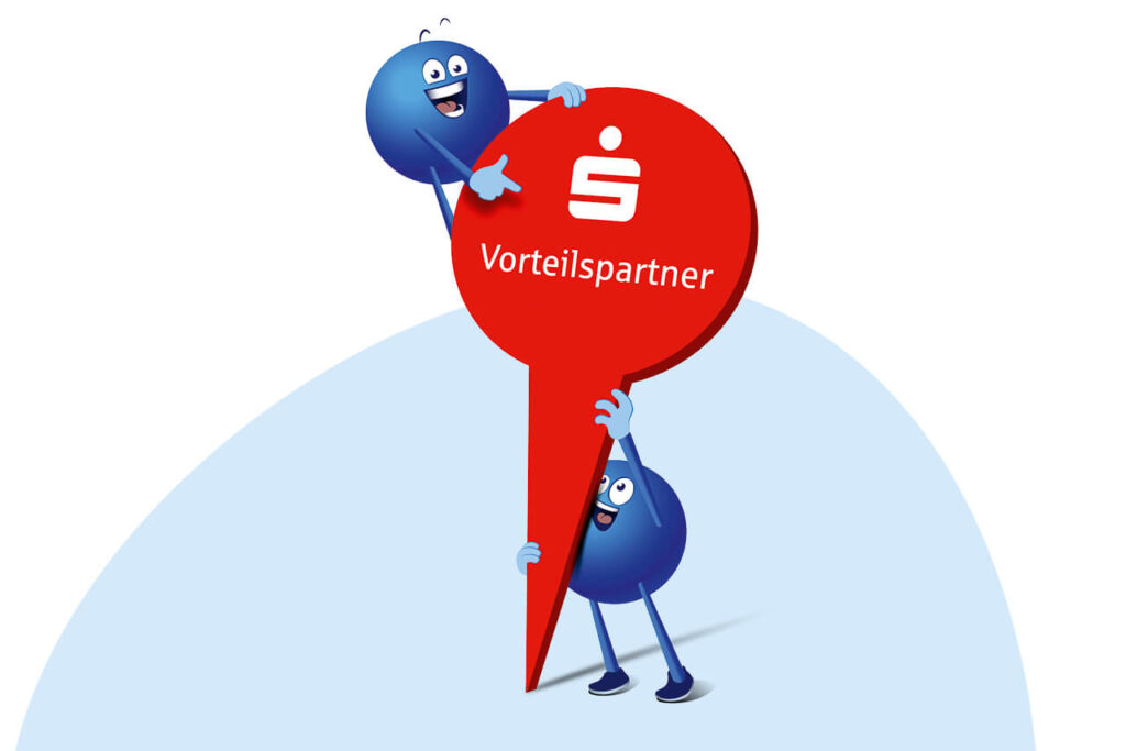 Zwei blaue Figuren halten gemeinsam einen roten Standort-Pin mit Sparkassen-Logo und dem Schriftzug „Vorteilspartner“.