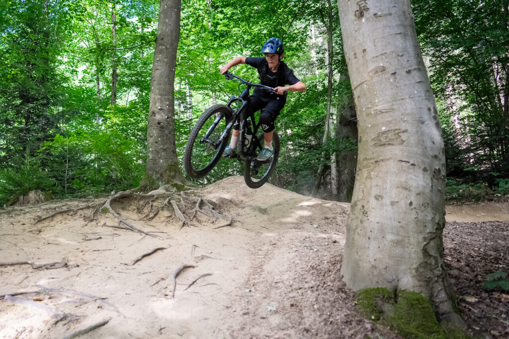 Jugendlicher springt mit dem Mountainbike über eine Wurzelpassage im Wald beim Jugendtraining des MTB Freiburg e. V.