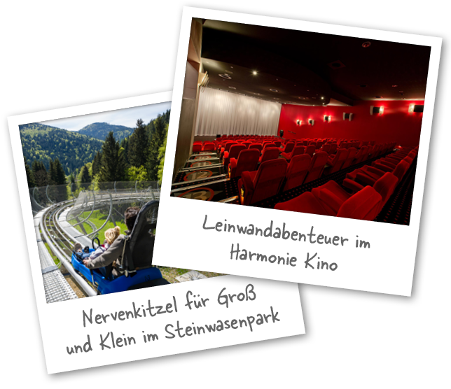 Zwei Polaroid-Fotos zeigen die Preise des Gewinnspiels der Sparkasse Freiburg: links eine Sommerrodelbahn im Steinwasenpark, rechts ein leerer Kinosaal mit roten Sitzen im Harmonie Kino. Die Bildunterschriften lauten „Nervenkitzel für Groß und Klein im Steinwasenpark“ und „Leinwandabenteuer im Harmonie Kino“.