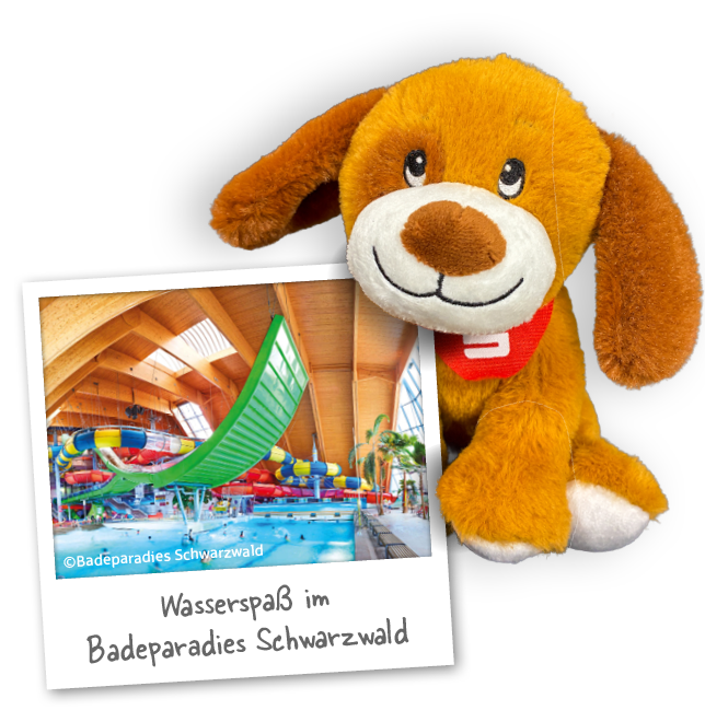 Sparkassen-Maskottchen Malou hält ein Foto vom Badeparadies Schwarzwald mit bunter Rutschenlandschaft. Darunter steht: ‚Wasserspaß im Badeparadies Schwarzwald‘ – erster Preis des Fotowettbewerbs zum Weltspartag.
