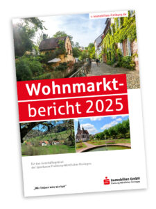 Titel des Wohnmarktberichts 2025 der Sparkasse Freiburg-Nördlicher Breisgau mit regionalen Impressionen.