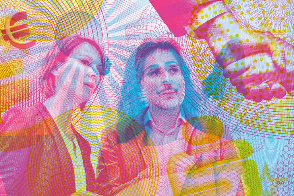 Jubiläumsmotiv zum Thema Wirtschaftsförderung im Jubiläumsjahr „Sehen, was wirklich zählt“, das zunächst abstrakte Wachstumssymbole wie ein Eurozeichen und einen Handschlag zeigt und mit dem Rotfilter-Effekt eine Gründerin mit Laptop sichtbar macht, hinter der eine Rakete und eine Glühbirne dargestellt sind