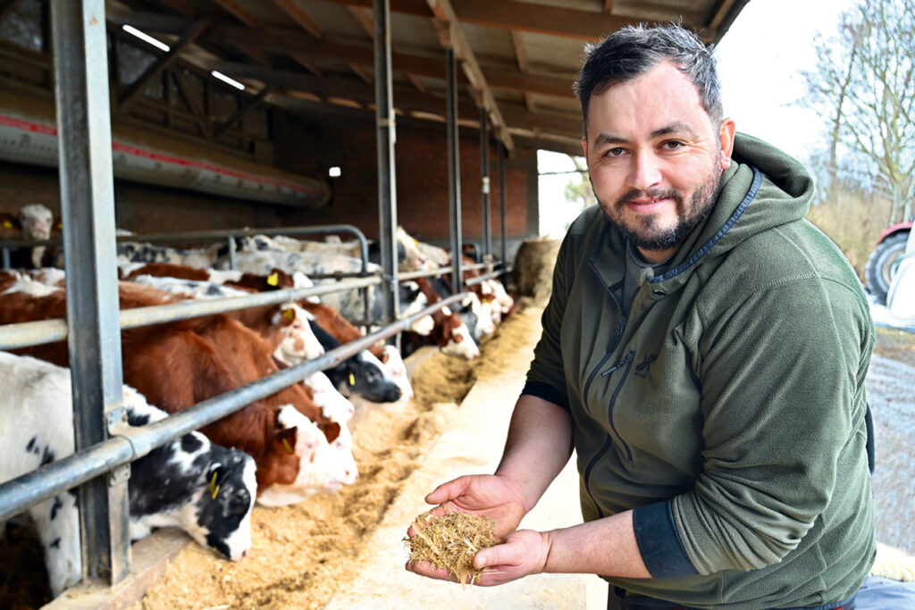 Porträt von Ralf Stephan in einem Stall vor einer Reihe gefütterter Kühe.