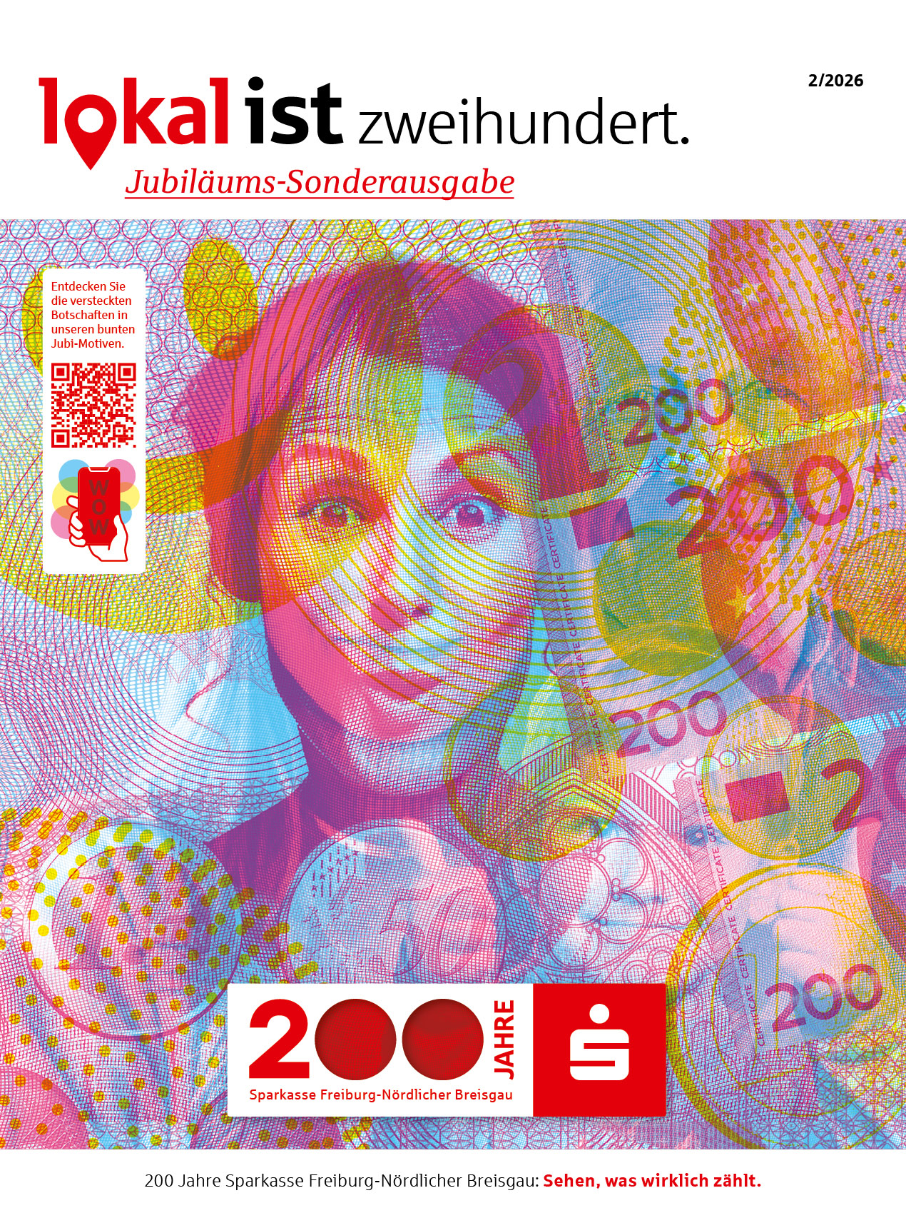 Jubiläumscover des Kundenmagazins „lokalist“ 2/2026 zu 200 Jahren Sparkasse Freiburg-Nördlicher Breisgau im bunten Banknoten-Design.