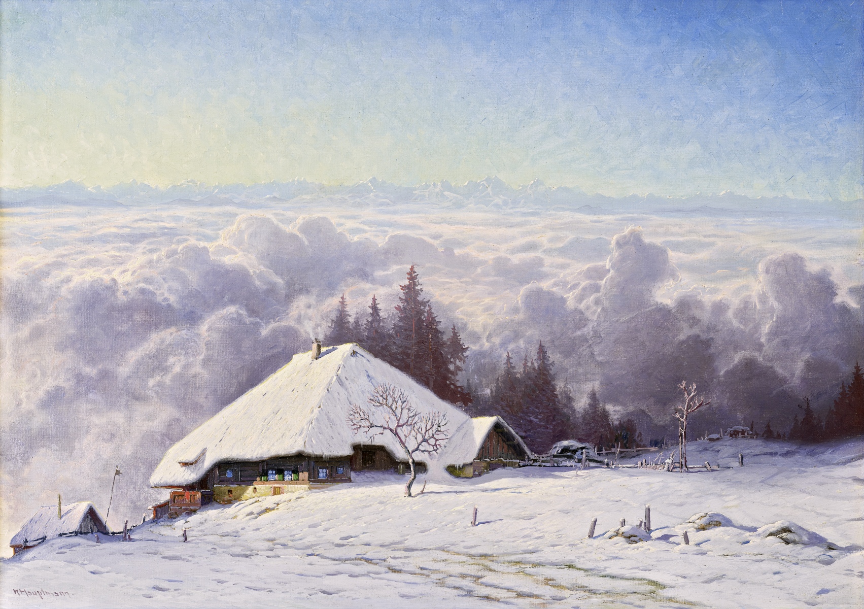 Hof im Winter über Wolkenmeer (um 1930)